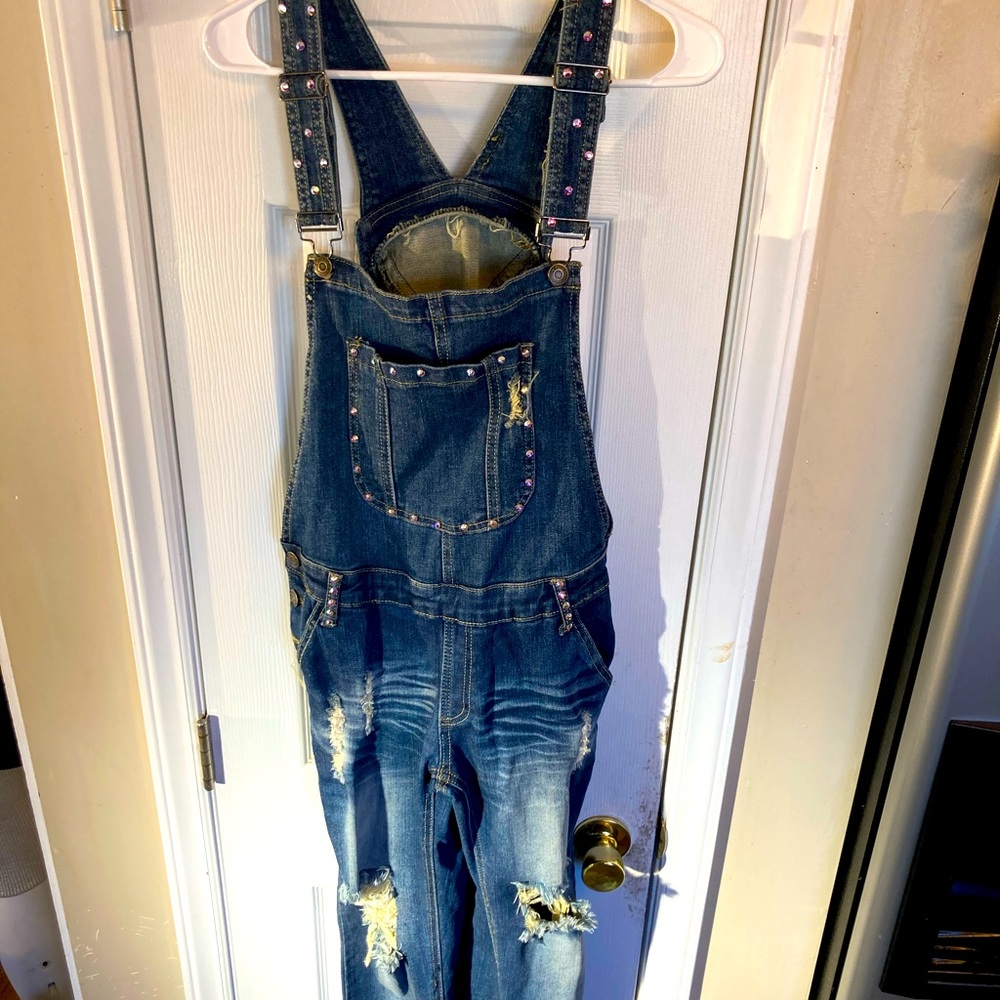 Machine Women’s Distressed Denim Overall With Rhinestones
